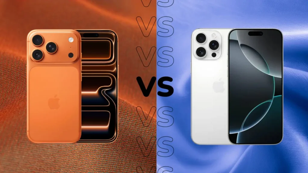 “iPhone 17 Pro Max and iPhone 16 Pro Max side‑by‑side comparison showing design, camera layout, and display differences.”