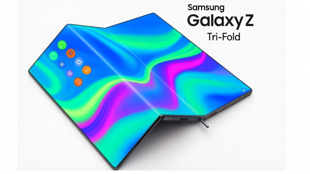 “Samsung TriFold phone showcased at launch event, unfolding into a wide triple‑panel display.”