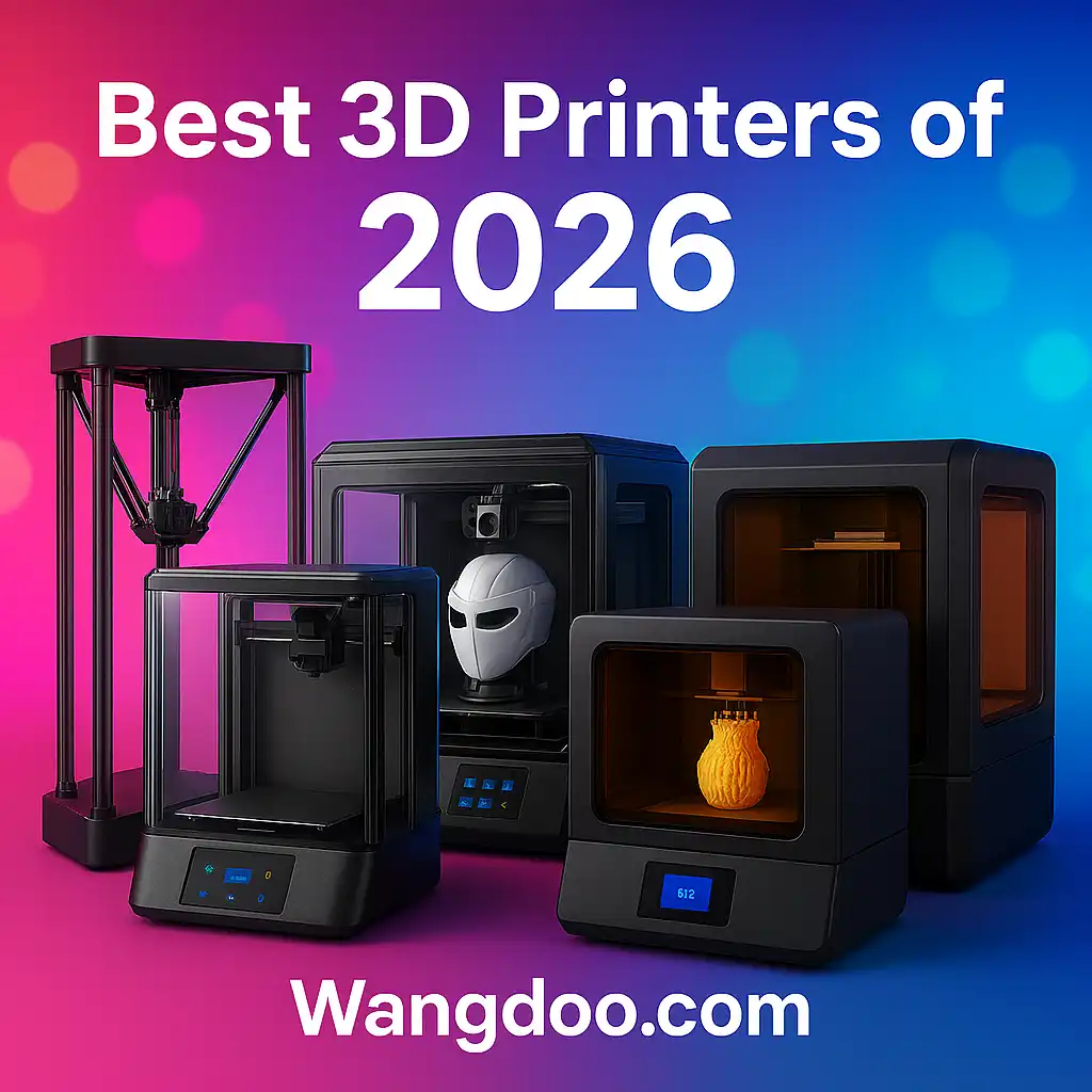 Colorful banner featuring four advanced 3D printers from 2026 with bold title and Wangdoo.com branding