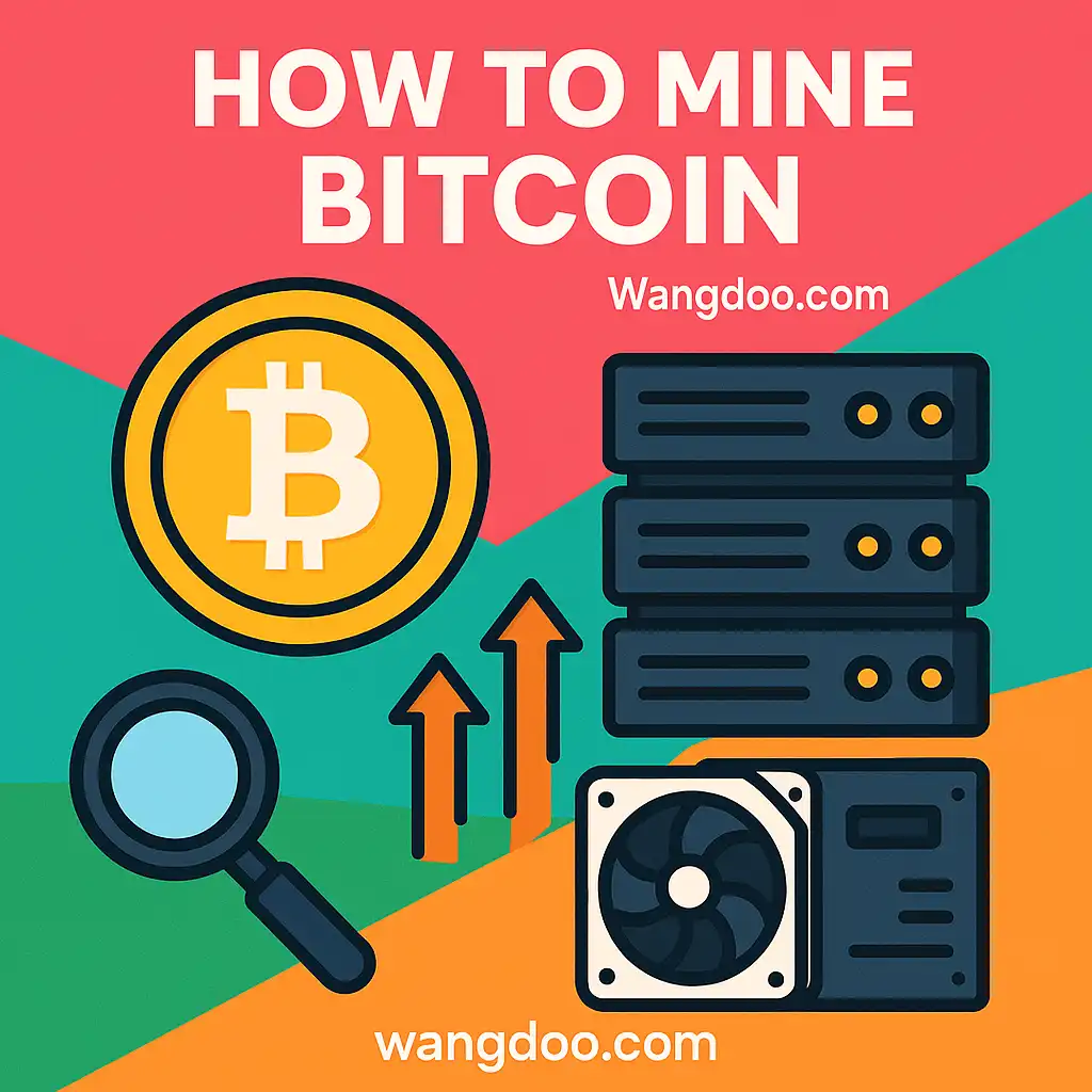 Colourful infographic titled “How to Mine Bitcoin” featuring Bitcoin logo, mining rig, magnifying glass, and upward graph,